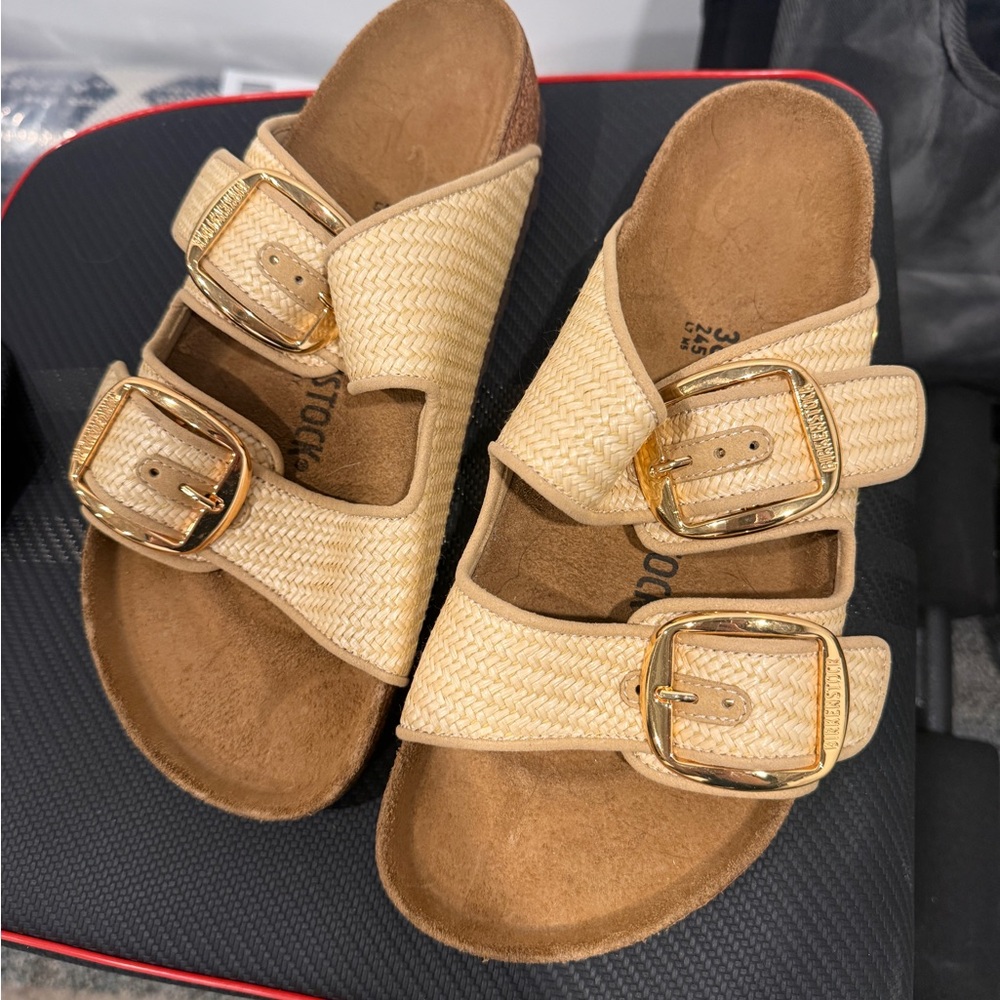 Birkenstock Beige Sandals with Gold Buckles